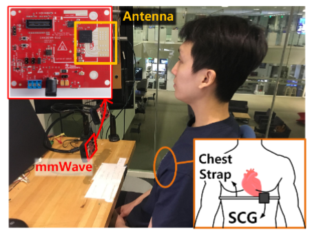 A person sitting with a Polar chest strap, with a small 60 GHz mmWave radar dev board on a tripod across the desk.