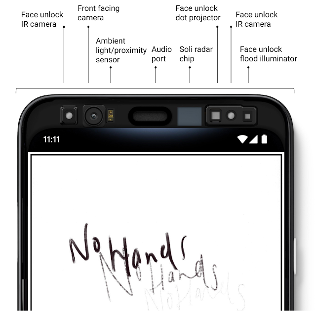 Annotated photograph of the Pixel 4 top bezel highlighting the Soli radar chip alongside the front-facing camera and other sensors.