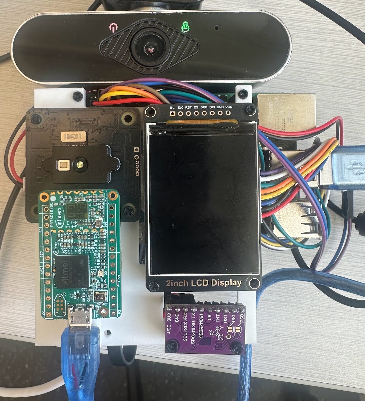 Top-down photograph of the data collection rig: BGT60 radar board, ToF camera, RGB webcam, 2-inch LCD, IMU breakout, all on a Raspberry Pi 4B carrier.